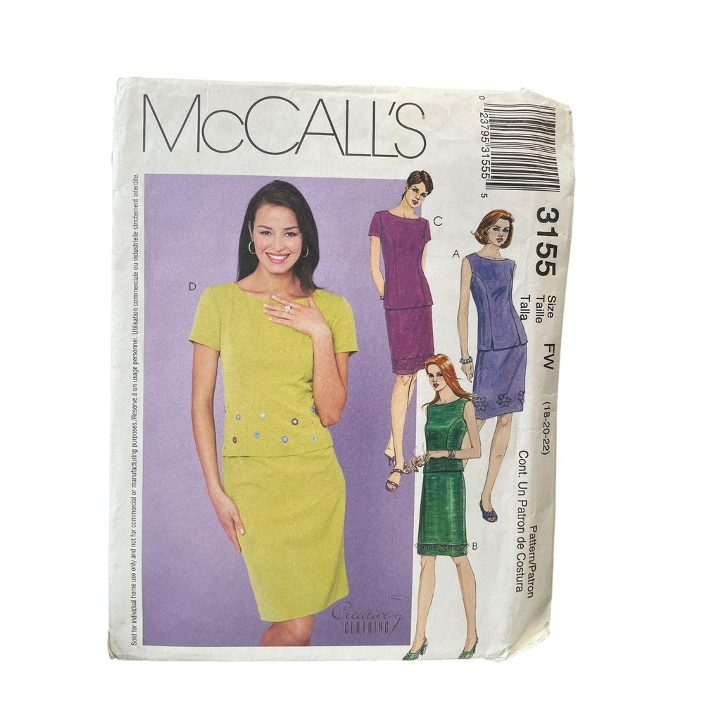 McCalls Sewing Pattern 3155 Two Piece Dress Misses Size 18-22